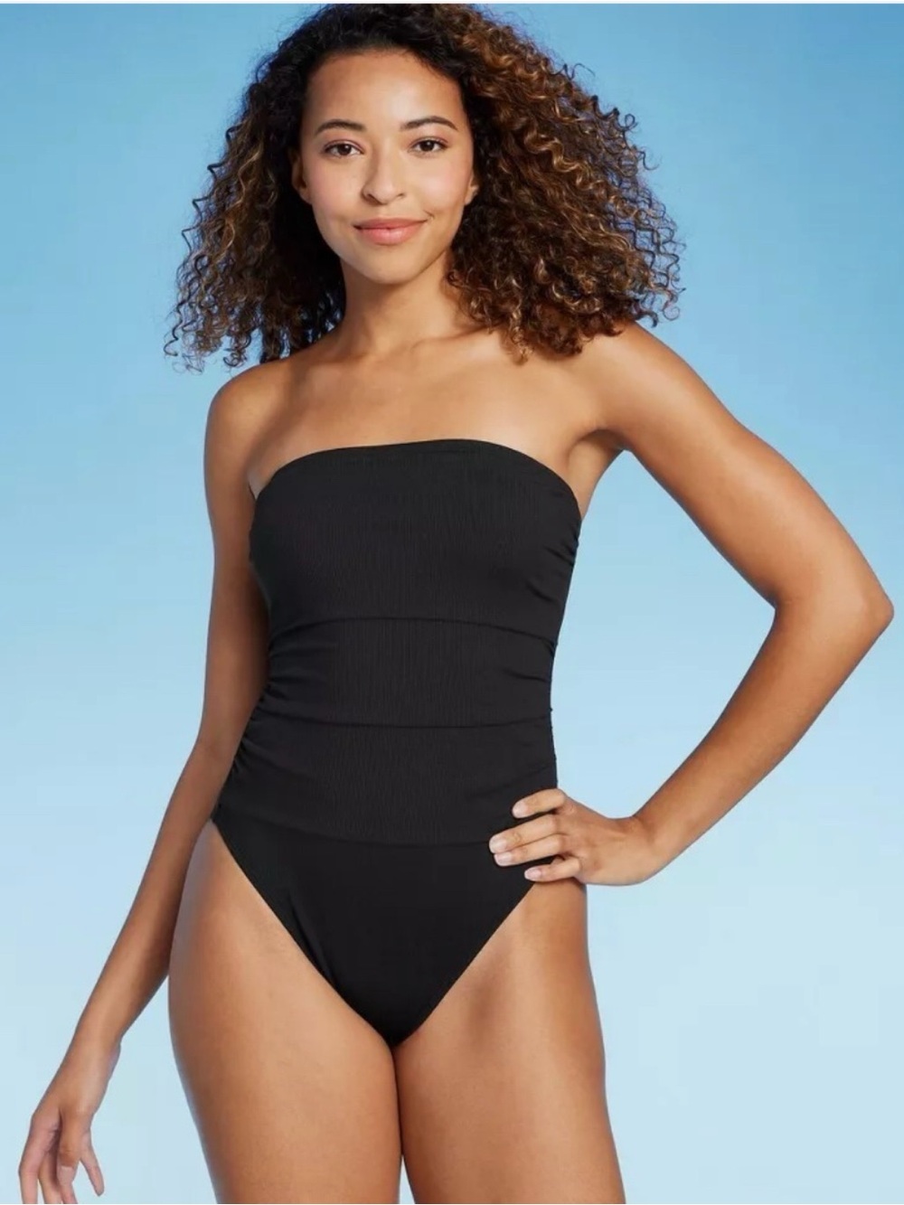 Shade & Shore Shirred Ribbed Bandeau Cheeky One Piece Swimsuit